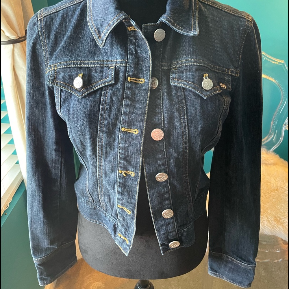 DKNY dark blue denim jean jacket with silver buttons   Sz M - Picture 2 of 8
